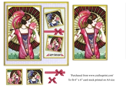 Glamorous female holding parasol Art deco birthday with floral background topper for 6x6 card