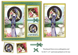 Glamorous female holding parasol Art deco birthday with floral background topper for 6x6 card