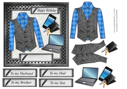  Male birthday card with blue checked shirt and Grey herringbone Harris tweed waistcoat, topper for 6x6 card