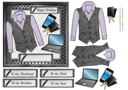  Male birthday card with purple checked shirt and Grey herringbone Harris tweed waistcoat, topper for 6x6 card