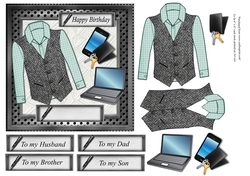  Male birthday card with green checked shirt and Grey herringbone Harris tweed waistcoat, topper for 6x6 card