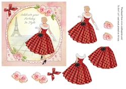 Chic lady in red & black polka dot dress female birthday card topper for 6x6 card 