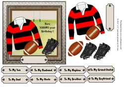 cup1029581_77176 - Red and black striped rugby shirt with rugby ball and boots, male birthday card 6x6 topper 