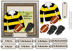 Yellow and black striped rugby shirt with rugby ball and boots, male birthday card 6x6 topper