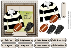 Black and white striped rugby shirt with rugby ball and boots, male birthday card 6x6 topper 