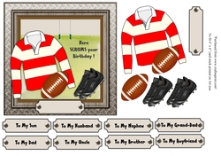 Red and white striped rugby shirt with rugby ball and boots, male birthday card 6x6 topper 