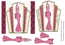 Art Deco female birthday card topper for 6x6 card with lady in pink gown.