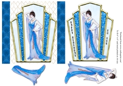 Art Deco female birthday card topper for 6x6 card with lady in blue gown.