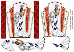 Art Deco female birthday card topper for 6x6 card with lady in black and white gown.