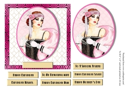 Art Deco female birthday card topper for 6x6 card with lady in black and pink