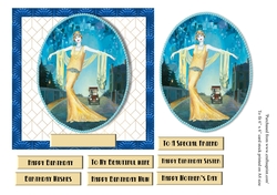 Art Deco female birthday card topper for 6x6 card with lady in yellow gown