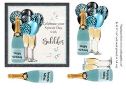 Turquoise Glitter bottle Champagne with matching balloons birthday card 6x6 topper 