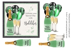 Green Glitter bottle Champagne with matching balloons birthday card 6x6 topper