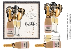 Gold Glitter bottle Champagne with matching balloons birthday card 6x6 topper