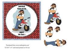 Cartoon Male biker birthday card topper for 6x6 card