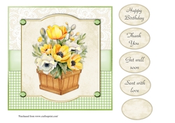 #1 Yellow tulips and anemones in wooden box 7x7 card topper