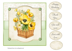 #2 Yellow tulips and anemones in wooden box 7x7 card topper