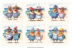 Funny chicken couple having fun at the beach card front