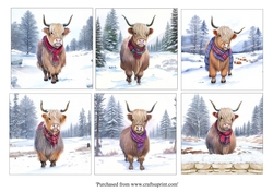 Highland Cows in tartan scarves card toppers for 8x8 cards