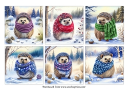 Cute ChristmasHedgehogs in colourful scarves card toppers for 8x8 cards