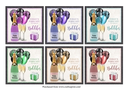 Set of 6 Glitter bottles Champagne with matching balloons birthday card toppers for 8x8 card