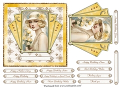 Postcard style Art Deco lady with yellow flowers topper for 6x6 card 