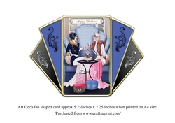 Art Deco Fan shaped card with ladies enjoying afternoon tea birthday card