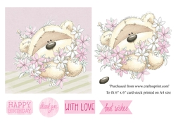 Cute teddy with bunch of flowers card 6 x 6 card topper