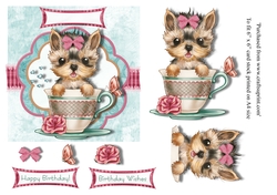 Cute Yorkshire terrier in teacup with various & birthday greetings mini kit for 6 x 6 card