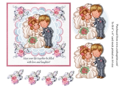 Cute wedding couple, celebrating wedding day card topper for 6 x 6 card