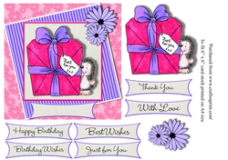 Cute hedgehog holding gift stamp birthday 6 x 6 topper card various greetings