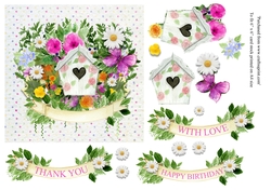 Birdhouse and floral birthday/thank you /with love ,6 x6 card topper