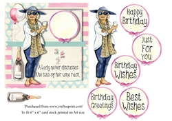 Funny female birthday card topper with various greetings for 6 x 6 card stock