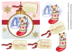 Cat in Christmas stocking card topper for 6 x 6 card