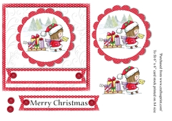 Girl with sleigh stamp with gifts in snow scene topper for 6 x 6 card