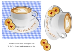 Funny food themed valentine card topper with latte coffee & biscuits for 6 x 6 card