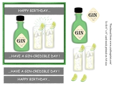 Gin themed birthday card topper for 6x 6 card with greeting Happy birthday... have a gin-credible day!