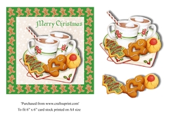 Christmas Hot Chocolate with seasonal cookies on gingerbread men background topper 6 x 6, 2 cards red and green with matching inserts