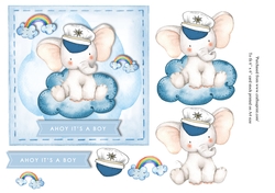 Ahoy New Baby boy card topper for 6 x 6 card with elephant on cloud