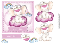 Ahoy New Baby Girl card topper for 6 x 6 card with elephant on cloud