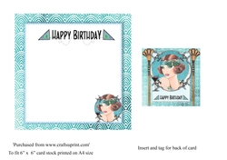 Art Deco female birthday card insert and tag for topper for 6x6 card
