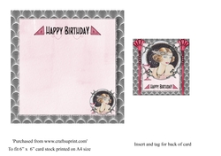 Art Deco female birthday card insert and tag for topper for 6x6 card