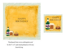 Male birthday card insert & tag for topper with beer and burger for 6x6 card