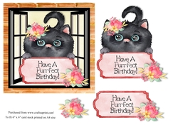Cute Black Cat Birthday topper for 6x6 card