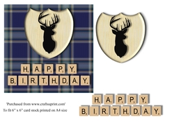 Male Birthday card in blue plaid, stag emblem and scrabble letters topper for 6x6 card