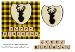 Male Birthday card in Macleod tartan, stag emblem and scrabble letters topper for 6x6 card