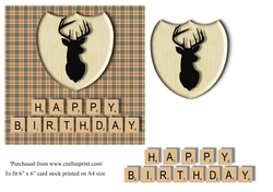 Male Birthday card in Burberry tartan, stag emblem and scrabble letters topper for 6x6 card
