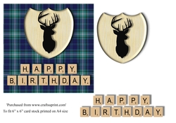 Male Birthday card in blue and green tartan, stag emblem and scrabble letters topper for 6x6 card