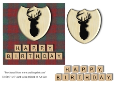 Male Birthday card in red and green Harris tweed, stag emblem and scrabble letters topper for 6x6 card