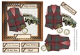 Male birthday card in wooden frame with red and green check Harris tweed textured waistcoat,pocket watch and vintage car topper for 6x6 card